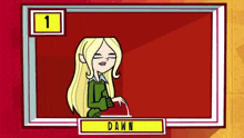 a cartoon character named dawn is standing in front of a red board with the number 1 on it .