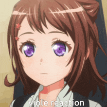 a close up of a girl with purple eyes and the words viole reaction written below her