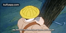a cartoon character is wearing a yellow hat and talking to another character .