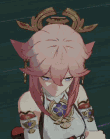 a girl with pink hair and a purple flower in her hair