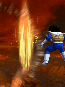 a cartoon character in a blue outfit is flying through the air with a yellow light behind him