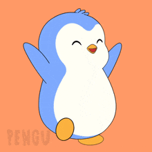 a blue and white penguin on an orange background with the word penguin on the bottom right