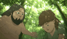 a man with a beard reaches out towards a woman