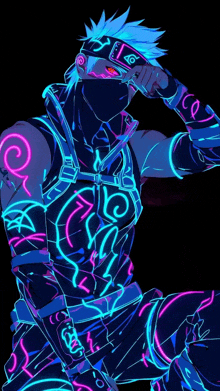 a neon drawing of a man with a mask and a headband on a black background .