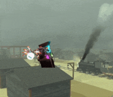 a video game scene with a robot flying over a statue