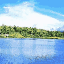a large body of water surrounded by trees with a blue sky in the background