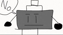 a black and white drawing of a robot with a speech bubble saying no