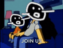 a cartoon of homer simpson and bart simpson sitting on a couch with the words join us on the bottom