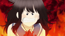 a girl with black hair is making an angry face and has blood on her chest