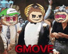 a group of cartoon characters standing next to each other with the word gmove in red