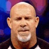 a bald man with a beard is looking at the camera