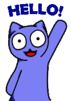 a cartoon cat says hello and waves its paw