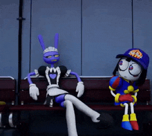 a couple of cartoon characters sitting on a bench .