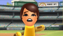a woman in a yellow shirt is holding a baseball bat in front of a stadium with a sign that says wii sports