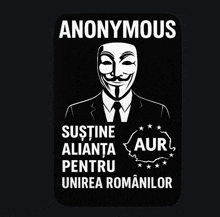 a poster with a man in a suit and tie with a anonymous mask
