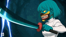 a cartoon of a girl with a mask on her face holding a large sword