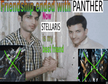 two men shaking hands with the words " friendship ended with panther " above them