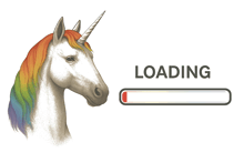 a unicorn with a rainbow mane is next to a bar that says loading