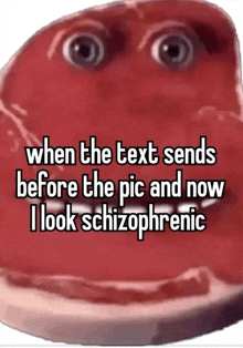 a picture of a steak with the words when the text sends before the pic and now i look schizophrenic