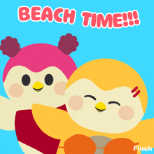 a picture of two penguins with the words beach time on it