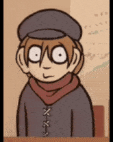 a cartoon character wearing a hat and scarf is looking at the camera