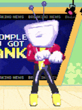 a cartoon character stands in front of a breaking news sign