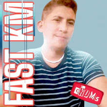 a man wearing a striped shirt and a red patch that says chums on it