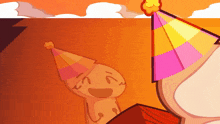 a cartoon character wearing a party hat with a flower on top