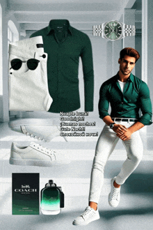 a man wearing a green shirt and white pants with a coach perfume bottle
