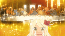 a cartoon girl is crying in front of a painting of jesus