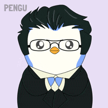 a penguin wearing glasses and a black suit holds a gold coin