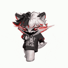 a black and white cat with red eyes is wearing a black shirt and dancing .