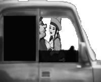 a black and white cartoon of a man and a woman in a car .