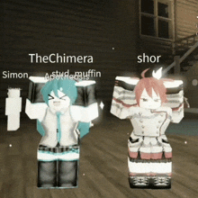 the chimera and shord are standing next to each other in a dark room