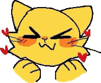 a pixel art drawing of a yellow cat with red hearts coming out of its eyes .