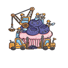 a cartoon drawing of a cupcake being built with blueberries