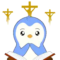 a cartoon penguin is reading a book with three crosses behind it