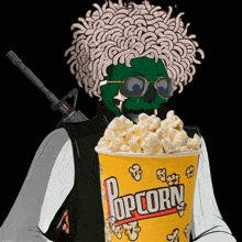 a cartoon character is holding a large bucket of popcorn