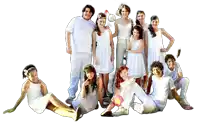 a group of people are posing for a picture in white dresses