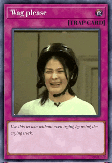 a card that says wag please on it with a picture of a woman wearing a helmet