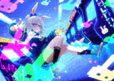 a girl with bunny ears is sitting in front of a sign that says ' love ' on it