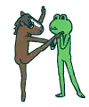 a horse and frog are standing next to each other and giving each other a high five .