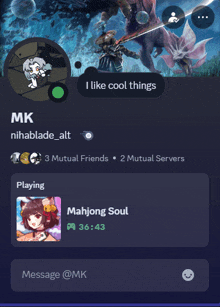 a screenshot of a person 's profile says i like cool things