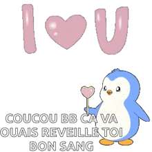 a penguin is holding a heart shaped lollipop with the words `` i love you '' written on it .