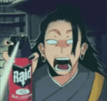 a cartoon character is holding a can of raid and making a funny face .