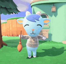 a cartoon goat is holding a broom in front of a green building