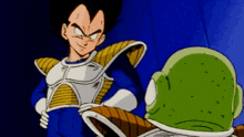 vegeta from dragon ball z is standing next to a green turtle .