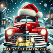 a red car wearing a santa hat is on a snowy street