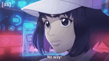 a girl in a white hat says " no way " in front of a screen