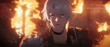a boy with white hair and blue eyes stands in front of a fire